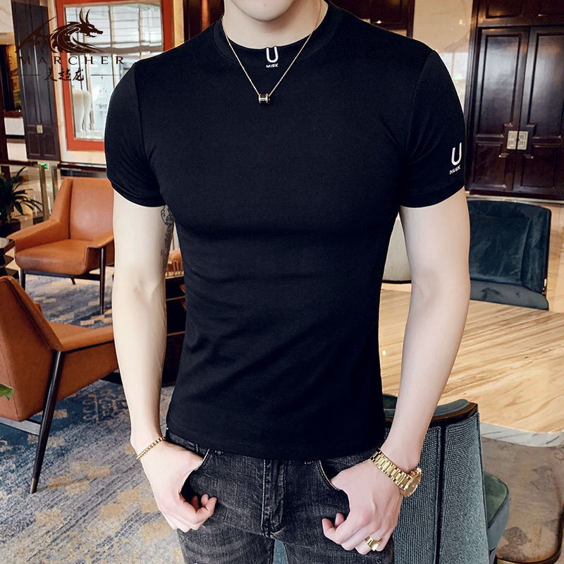 男性用のプレーンブラックTシャツ,肌に密着したストリートウェ - Summer Clothing Wholesale のレビューと価格